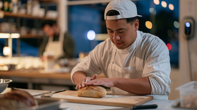 An artisan bread baker polishing the crust of a finished sourdough loaf in a twilight kitchen lit by deep blue hour light filtering through a bakery window, a mentor watching
