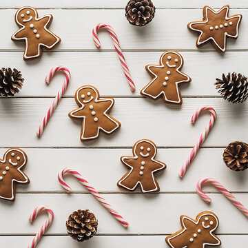 Gingerbread cookies shaped like men and snowflakes with candy canes and pine cones