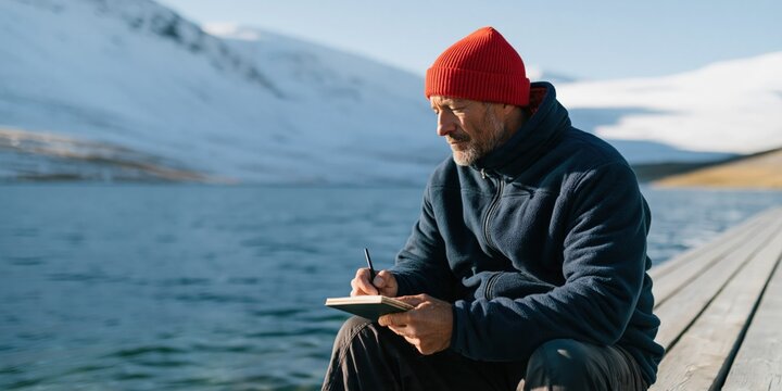 Older man in a red beanie writing in a notebook on a lakeside dock with snowy mountains for outdoor travel journal background and reflective lifestyle banner