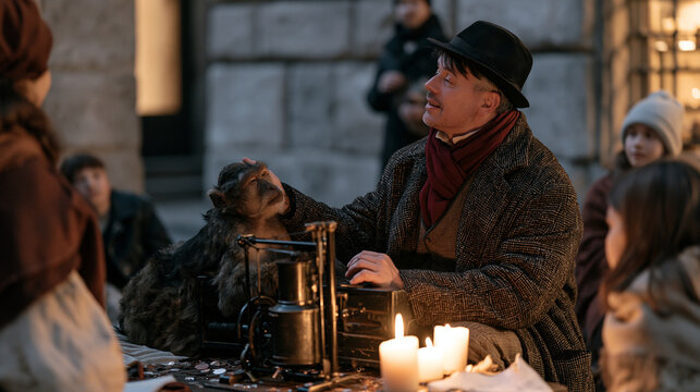 Organ grinder resting beside a silent mechanical instrument in a candlelit stone courtyard, the aftermath of a street performance lingering in scattered coins and a tired monkey