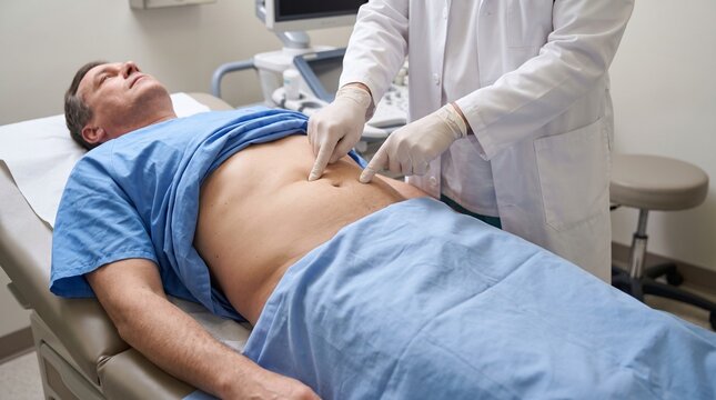 Doctor Performing Liver Percussion During Abdominal Examination