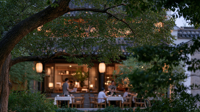 Restaurant manager and family members setting up before dawn service in early morning mist outside a heritage building, lanterns lit, tables arranged, brand identity expressed in