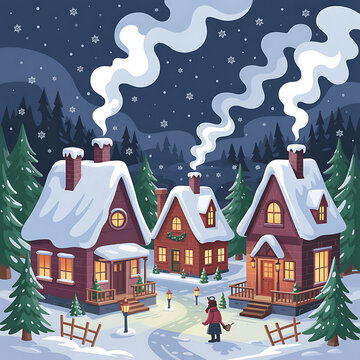 Small rustic wooden houses covered in snow during a winter night with smoke rising from chimneys