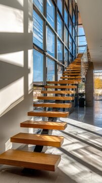 spectacular modern architectural staircase inside a luxury house, floating wooden steps, enormous vertical glass wall, dramatic sunlight creating