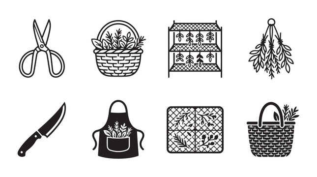 Collection of herb harvesting and drying icons for home culinary or gardening purposes with drying herbs