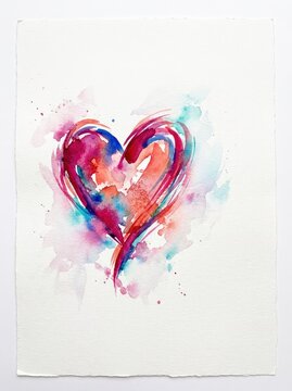 A fluid, colorful watercolor painting with abstract shapes and blends, showcasing a central stylized heart element with dynamic brushstrokes, fluid, texture, stroke