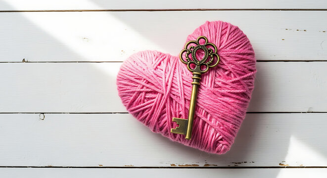 Vintage brass key placed on a heart shaped made of pink yarn, resting on a white wooden surface with natural light and shadows