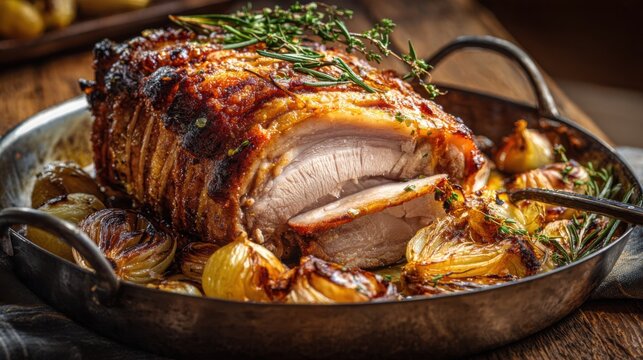 spectacular slow roasted pork shoulder with a thick crackling golden crust, sliced section revealing tender juicy meat, roasted onions, garlic