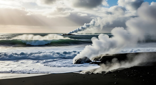 Volcanic steam rising from black sand beach shoreline with crashing ocean waves under a dramatic cloudy sky during a coastal landscape scene
