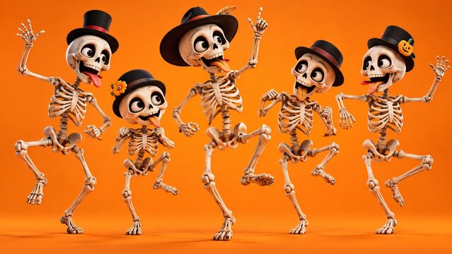 Five funny cartoon skeletons dancing and sticking out tongues on orange background. Playful bones characters wearing top hats celebrate Halloween party.