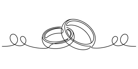 Continuous line art of two interlocking wedding rings black outline sketch design for romantic celebration anniversary or marriage themes. © Ponchomy