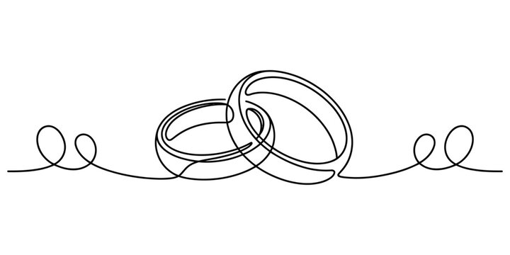 Continuous line art of two interlocking wedding rings black outline sketch design for romantic celebration anniversary or marriage themes.
