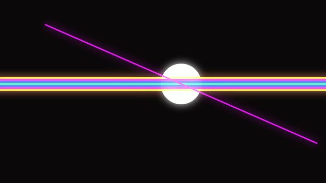 Colorful Laser Light Beams Crossing in Front of a Bright White Circular Light Source Against a Black Background