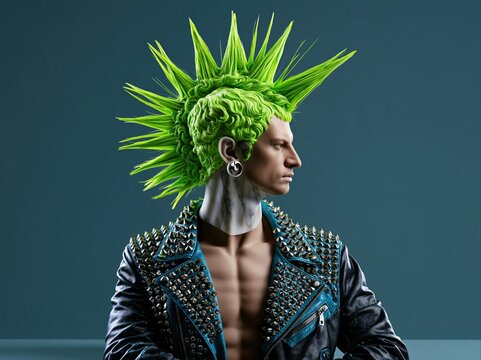 Man with vibrant green mohawk and studded leather jacket against a teal background