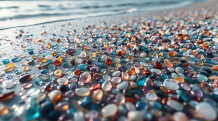 Obraz premium Colorful glass pebbles on a sandy beach shore with soft mystical light and ocean waves