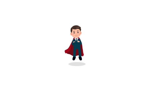 Animated flat vector businessman character wearing a superhero red cape and floating, isolated on a white background, ideal for leadership and success themes