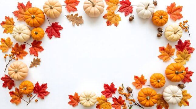 A beautiful thanksgiving frame of colorful pumpkins and vibrant autumn leaves on a white background