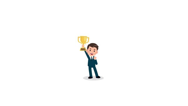 Animated flat vector businessman character proudly holding a gold trophy cup, isolated on a white background, ideal for business awards and corporate success