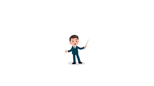 Animated flat vector businessman character presenting with a pointer stick, isolated on a white background, suitable for corporate training and educational videos