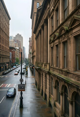 Obraz premium Urban infrastructure and city development, historic architecture and modern street traffic in a metropolitan downtown district on a rainy overcast day