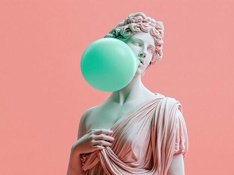 Classical statue blowing a large turquoise bubblegum bubble against a pink background
