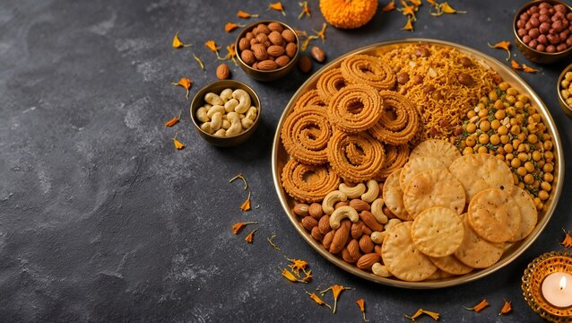 Savory Indian snacks served on platter with assorted sweets and nuts for Diwali celebration. Platter includes traditional snacks like chakli and mathri along with nut varieties.