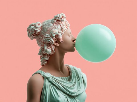 Classical statue blowing a large bubblegum bubble against a pink background