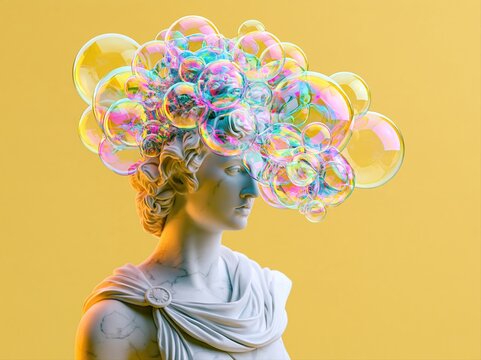 Marble bust of a classical statue adorned with colorful soap bubbles