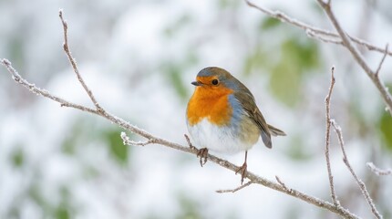 Fototapeta premium European robin perched on a branch in winter with soft background
