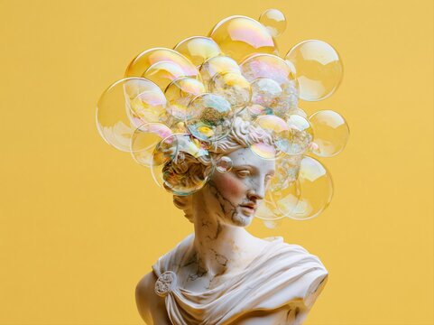 Classical sculpture adorned with iridescent soap bubbles against a vibrant yellow background