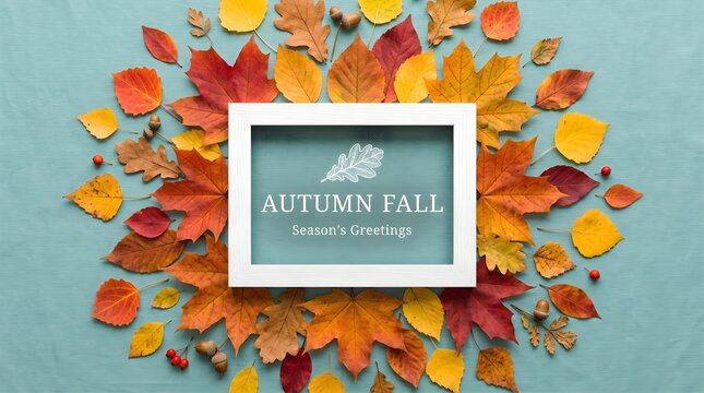 A beautiful autumnal thanksgiving scene featuring vibrant fall leaves and a framed celebratory message