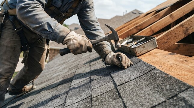 Professional roofer installing asphalt shingles on a residential roof, construction worker using a hammer for roof repair