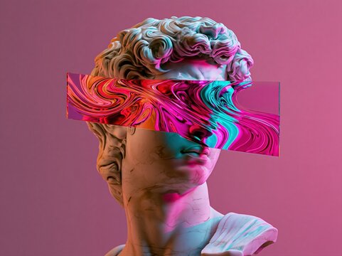 Classical sculpture with abstract colorful fluid overlay and neon lighting