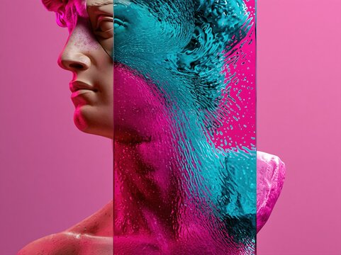 Abstract digital art of a classical sculpture split with vibrant pink and turquoise colors