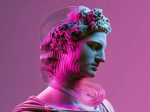 Abstract digital art of a classical sculpture head with glitch effect