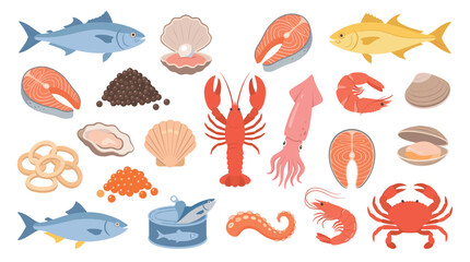 Obraz premium Fresh seafood themed element pack with flat style, tuna, salmon, lobster, squid, shrimp, crab, pearl, and caviar
