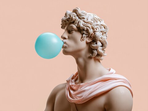 Classical sculpture blowing a bubblegum bubble against a peach background