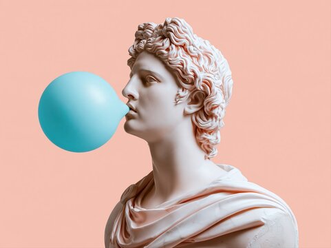 Classical statue blowing a large blue bubble gum against a peach background
