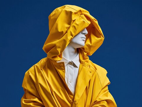 Mannequin wearing a bright yellow raincoat and white shirt against a blue background