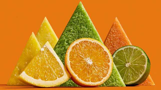 Fresh citrus fruit slices arranged on an orange background with lime slice