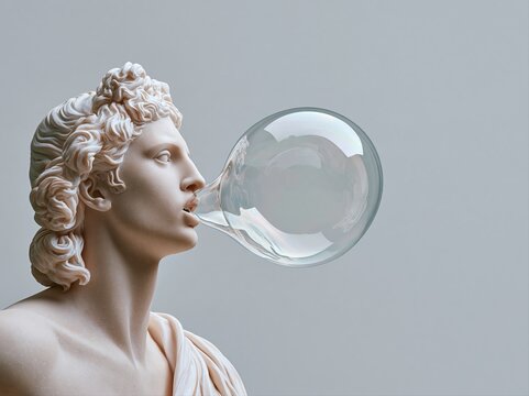 Classical statue blowing a large bubble against a neutral background