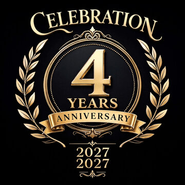 Elegant golden four years anniversary celebration emblem with laurel wreath and decorative banner design