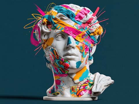 Classical bust covered in vibrant abstract paint splatters and patterns