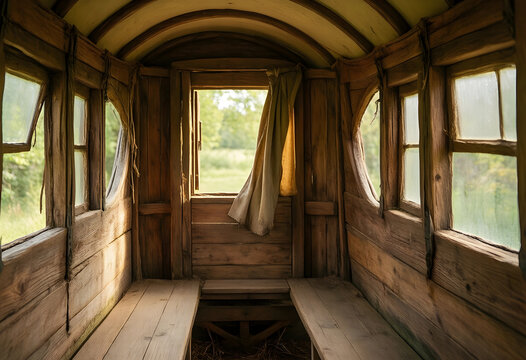 Wanderlust and slow travel, rustic wooden wagon interior with natural light and countryside view for nomadic lifestyle and off grid living inspiration