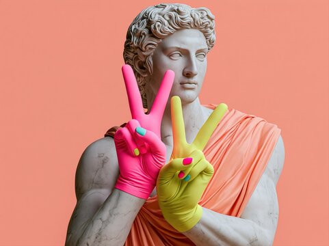 Ancient marble statue with neon gloves making peace signs against a peach background