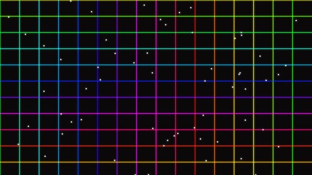 Vivid neon grid pattern with colorful lines and sparkling stars creating a futuristic and dynamic visual effect