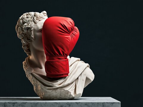 Classical bust wearing a red boxing glove over its face