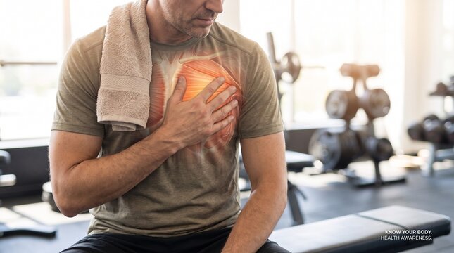 Middle aged athletic man experiencing sudden chest pain and heart attack symptoms during workout in a fitness gym with digital anatomical overlay graphic