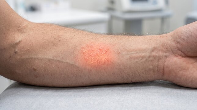 Close up of an allergic reaction rash with red inflamed skin on a male forearm during a dermatology examination in a modern medical clinic healthcare setting.