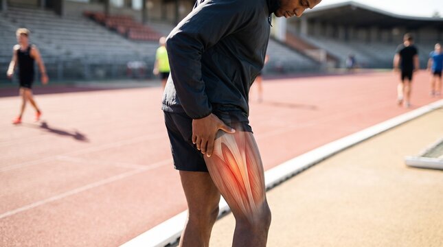 Athlete holding his injured thigh muscle on an outdoor running track with a digital graphic overlay showing muscle pain and anatomy for sports medicine concepts